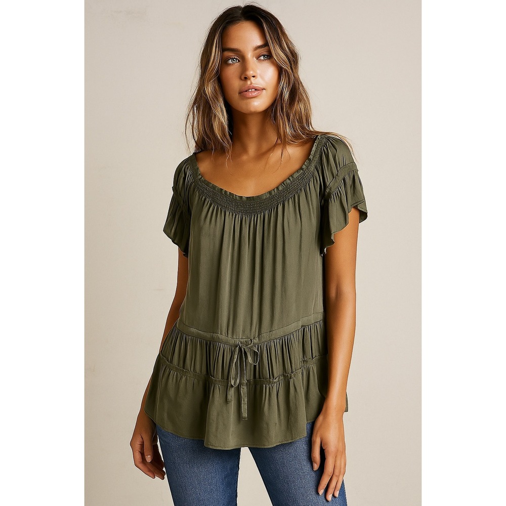 Theory‎ Top Flowy Peasant Olive Green Short Flutter Sleeves Smocking Size PS